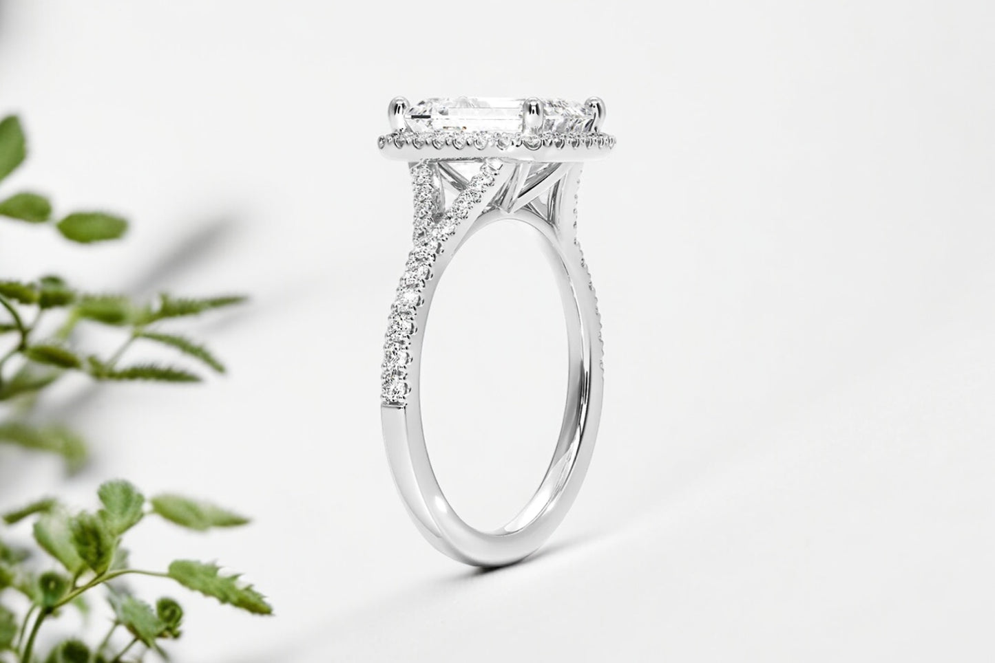 祖母綠切割鑽石光環密釘鑲戒指