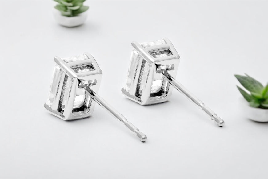 Emerald Cut Diamond Basket Set Stud Earrings