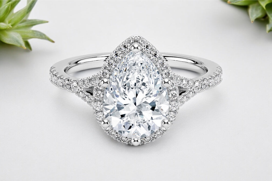 Pear Shape Diamond Halo Pave Engagement Ring