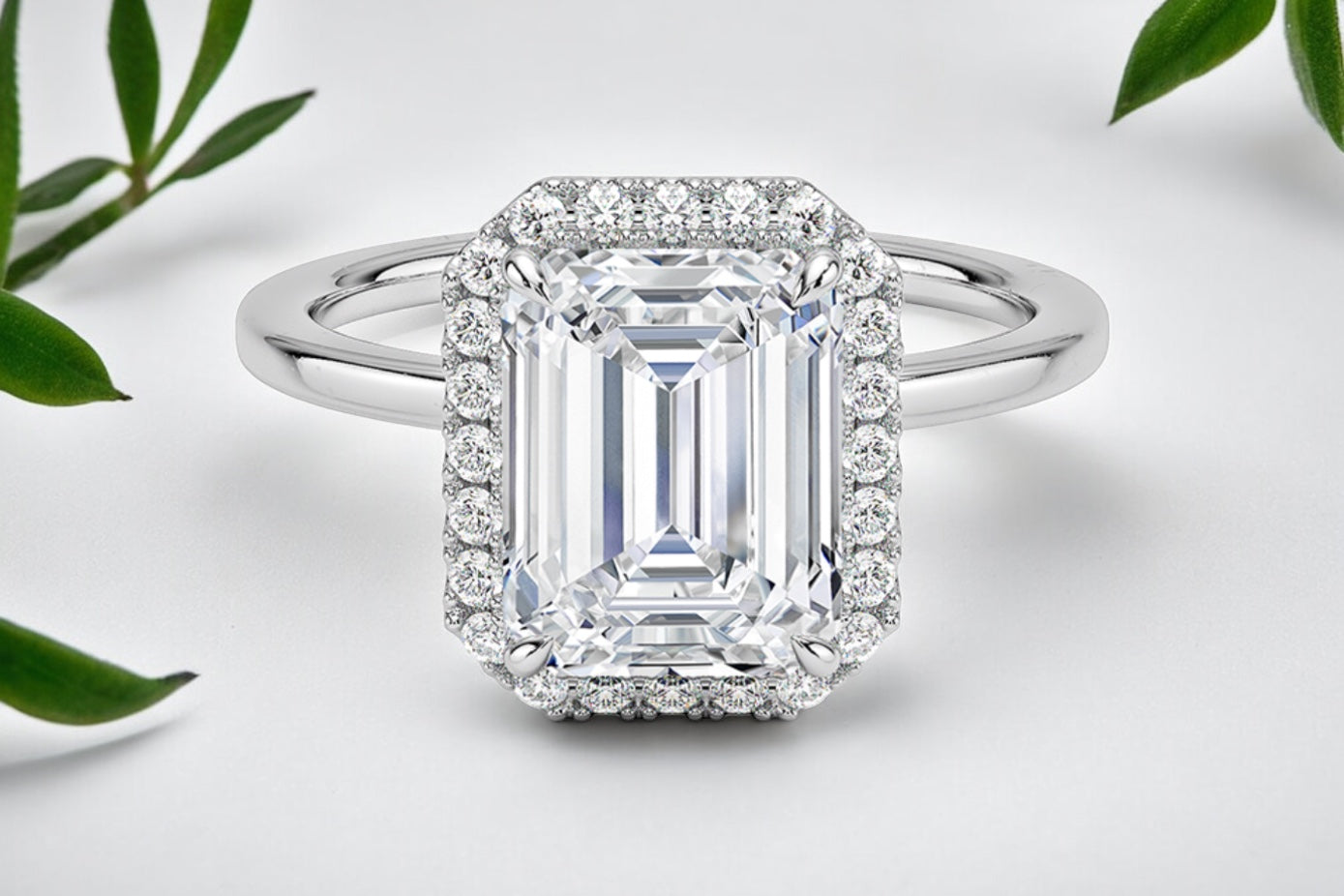 Emerald cut Diamond Halo Engagement Ring