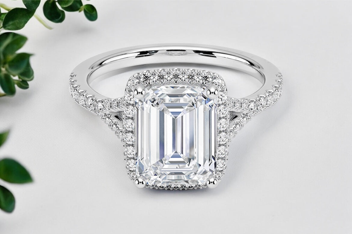 Emerald cut Diamond Halo Pave Engagement Ring