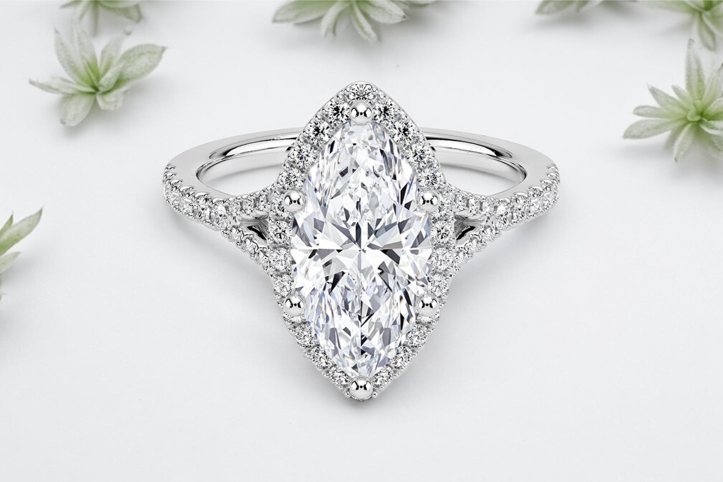 Marquise cut Diamond Halo Pave Engagement Ring